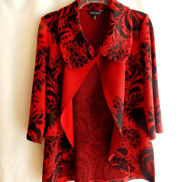MING WANG RED & BLACK KNIT JACKET IN SIZE XS